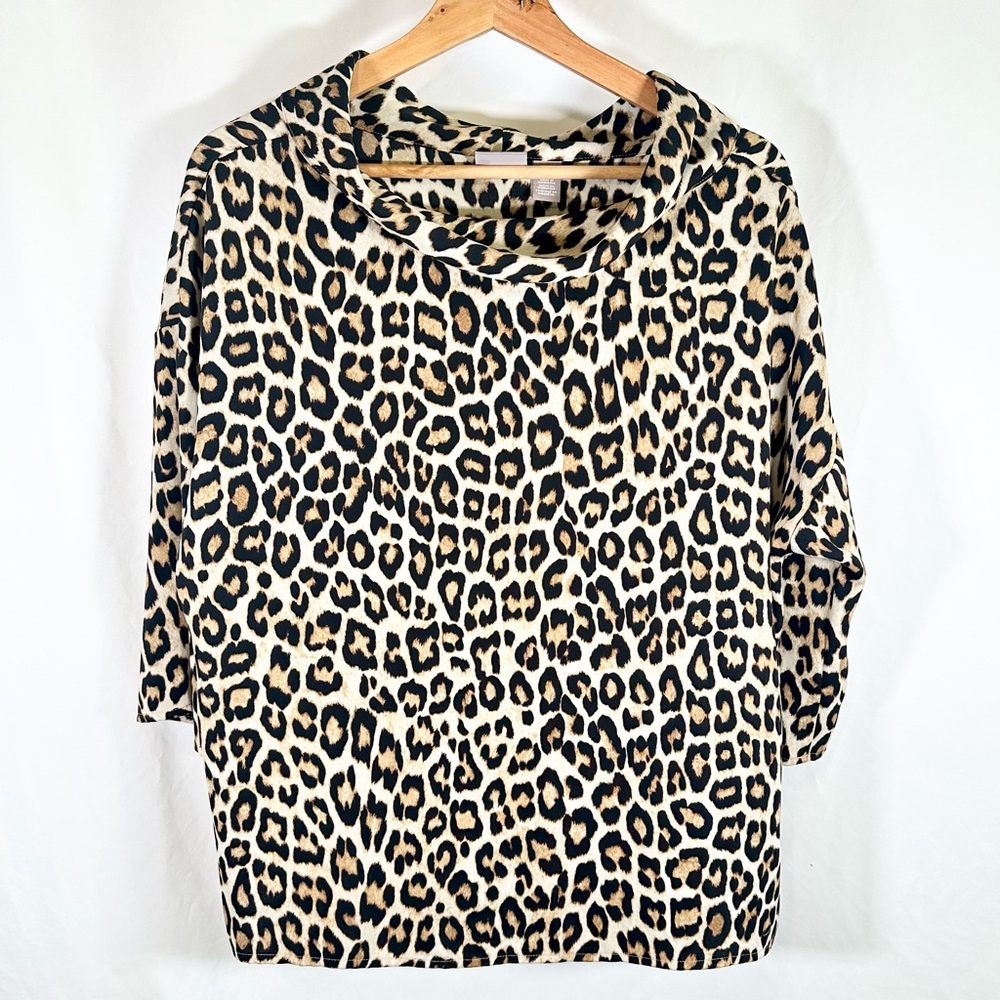 Leopard Print Cowl Neck Blouse- Beige/Black